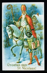 St. Nikolaus und ein schwarzer Helfer, um 1890, niederländische Karte