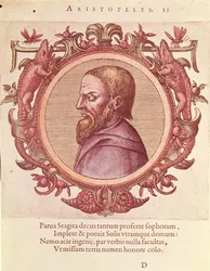 Der Philosoph Aristoteles (384-322 v. Chr.), Illustration aus Veterum et Recentium Medicorum Philosophorumque Icones von Johannes Sambucus (1531-1584), veröffentlicht von Plantin in Antwerpen 1574 (Farbstich)