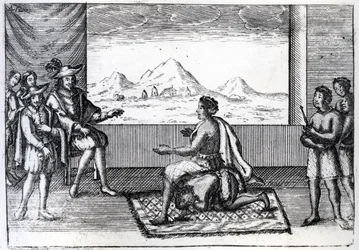 Das Treffen von Königin Nzinga von Ndongo und Joao Correia de Sousa, dem portugiesischen Gouverneur von Luanda im Jahr 1622