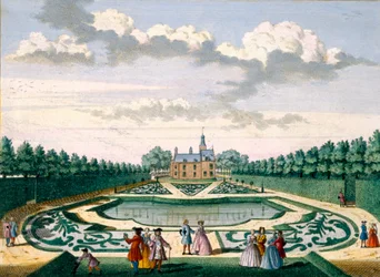 Blick auf das Haus Adrichem mit dem Garten und dem großen Teich, aus Het Zeganpralent Kennemerlant von Hendrick de Leth und Matthias Brouerius Van Nidek, veröffentlicht um 1700-1730