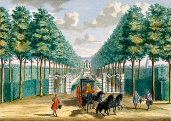 Ansicht des Velserbeek-Hauses von der Auffahrt und dem Eingang, aus Het Zeganpralent Kennemerlant von Hendrick de Leth und Matthias Brouerius Van Nidek, veröffentlicht ca. 1700-1730