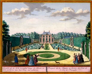 Ansicht des Hauses und Gartens in der Nähe des Triumphbogens, aus Het Zeganpralent Kennemerlant von Hendrick de Leth und Matthias Brouerius Van Nidek, veröffentlicht ca. 1700-30