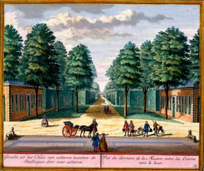 Ansicht der Rückseite des Hauses zwischen den Ställen, aus Het Zeganpralent Kennemerlant von Hendrick de Leth und Matthias Brouerius Van Nidek, veröffentlicht ca. 1700-30