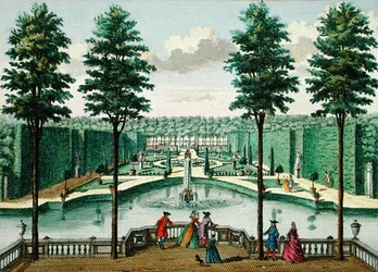 Ansicht des Gartens vom Haus, Watervliet, aus Het Zeganplant Kennemerlant, von Hendrick de Leth und Matthias Brouerius Van Nidek, veröffentlicht c.1700-1730