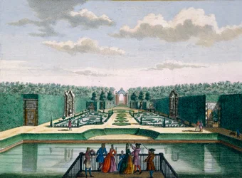 Blick auf das Parterre und den Triumphbogen, Meerestein, aus Het Zeganpralent Kennemerlant von Hendrick de Leth und Matthias Brouerius Van Nidek, veröffentlicht um 1700-1730
