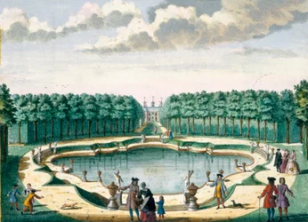 Blick auf den Teich hinter dem Haus, Beckenstein, aus Het Zeganpralent Kennemerlant von Hendrick de Leth und Matthias Brouerius Van Nidek, veröffentlicht um 1700-1730