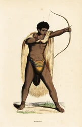 Khoikhoi-Mann in Tierhautumhang, Perlen-Lendenschurz, mit Bogen und Pfeil