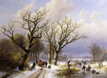 Eine bewaldete Winterlandschaft mit Figuren, 1863