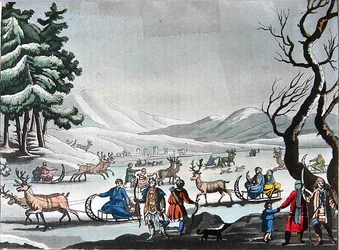 Tungusen verlassen ihr Winterlager auf von Rentieren gezogenen Schlitten, ca. 1820