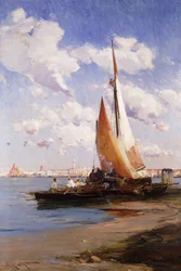 Fischerboote mit der Rivere degli Schiavoni, Venedig, im Hintergrund
