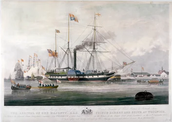 Königin Victoria und Prinz Albert bei ihrer Ankunft in der königlichen Werft, Woolwich, Kent, 1843