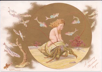 Eine viktorianische Weihnachtskarte von einem Einsiedlerkrebs in einer Muschel, der von einem Wasserbaby geritten wird, umgeben von einem Fischschwarm, von Gertrude Thompson, ca. 1895