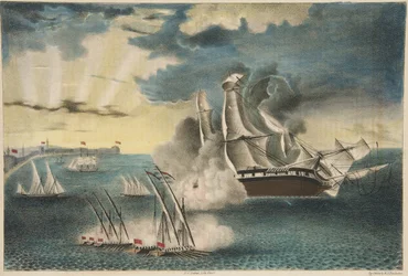 Die US-Fregatte Philadelphia auf den Felsen vor Tripolis aus Army and Navy Magazine, veröffentlicht 1840