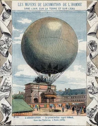 Betrieb der Inflation und Ausrüstung des Fesselballons von Henry Giffard in den Tuilerien in Paris 1878 - Aus einem Schutzumschlag für Schulbücher, Ende des 19. Jahrhunderts - Illustration von E. Letellier - Weltausstellung von 1878 in Paris: Inflation von