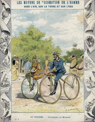 Pierre Michaux und Michaudine-Velocipedes - Aus einem Schutzumschlag für Schulbücher, Ende des 19. Jahrhunderts - Velocipedes a pedale (les michaudines) von Pierre Michaux (1813-1883)