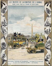 Verkehr auf der Place de la Concorde in Paris im Jahr 1869: Pferdeomnibus und „chemin de fer américain“ (Straßenbahnlinie) - Aus einem Schutzumschlag für Schulbücher, Ende des 19. Jahrhunderts