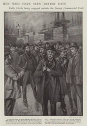 Männer, die bessere Tage gesehen haben: Tally-Klerks werden vor den Surrey Commercial Docks, London, engagiert (Litho)