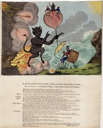 Seiner Königlichen Hoheit Friedrich Herzog von York, diese Platte von Satan, der die Übermacht hält; oder, Bounapartes Drohung, veröffentlicht 1803