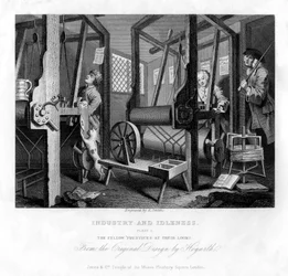 Die Mitgesellen an ihren Webstühlen, Platte I von Industrie und Fleiß, 1833