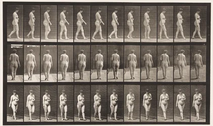 Gehen, linke Hand über dem Bauch