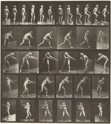 Tafel Nummer 521. A: Gehen. B: Stufe hinaufsteigen. C: Diskus werfen. D: Schaufel benutzen. E, F: Spitzhacke benutzen, 1887