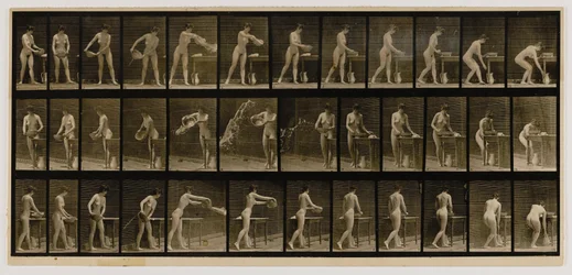 Frau, die ein Becken Wasser leert, aus dem Buch Animal Locomotion