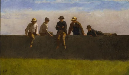 Fünf Jungen auf einer Mauer, ca. 1875-1880