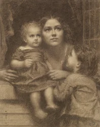 Frau mit zwei Kindern an einem Fenster