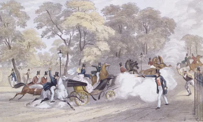 Edward Oxfords Versuch, Königin Victoria und Prinz Albert auf Constitution Hill zu ermorden, am Abend des 10. Juni, graviert von J. R. Jobbins