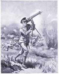 Private Lynn trägt ein Maschinengewehr zur Reparatur unter schwerem Beschuss in der Schlacht von Aisne. Ausgezeichnet mit DCM 1915