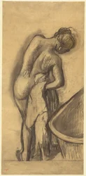 Nach dem Bad: Frau trocknet sich, ca. 1900