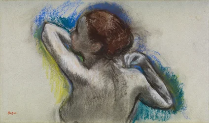 Tänzerin, die ihren Schulterriemen anpasst, ca. 1895-1900
