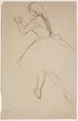 Tänzer in Gehposition mit ausgestreckten Armen