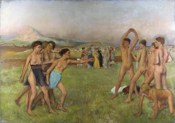 Kleine spartanische Mädchen provozieren Jungen. Um 1860-1862