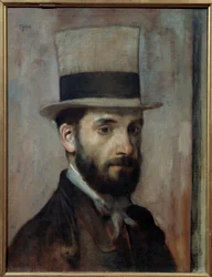 Porträt von Leon Joseph Florentin Bonnat. Der Maler trägt einen Zylinder. Gemälde von Edgar Degas