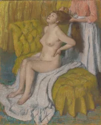 Frau, der die Haare gekämmt werden, um 1886-88