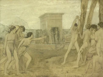 Junge spartanische Mädchen fordern Jungen heraus, ca. 1860
