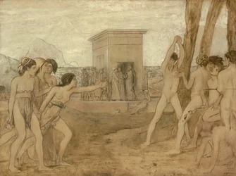 Junge spartanische Mädchen fordern Jungen heraus, ca. 1860