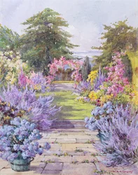 Der Steinplattenweg in einem Sommergarten