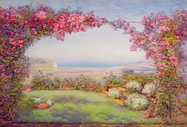 Ein Garten mit einem Rosenbogen