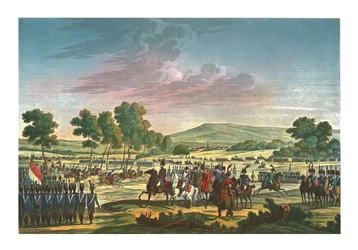 Die Kaiserliche Garde manövriert in Anwesenheit der beiden Kaiser in Tilsit, 28. Juni 1807, um 1850