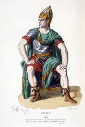 Die Figur des Attila in der Tragödie Attila - Vollständiges Theater: (Sammlung von Stücken von Corneille) Zeichnung von Geffroy, Gravur von Colin - Hrsg. Laplace, Sanchez et Cie, Paris 1884
