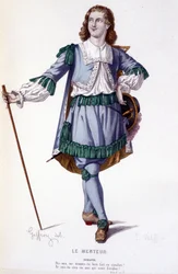 Die Figur des Dorante in der Komödie Le Menteur - Vollständiges Theater: (Sammlung von Stücken von Corneille) Zeichnung von Geffroy, Gravur von L. Wolff - ed. Laplace, Sanchez et Cie, Paris 1884