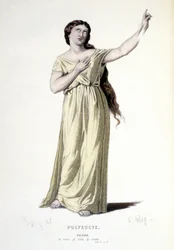 Die Figur der Pauline in der Tragödie Polyeucte Märtyrer - Vollständiges Theater: (Sammlung von Stücken von Corneille) Zeichnung von Geffroy, Gravur von L. Wolff - ed. Laplace, Sanchez et Cie, Paris 1884