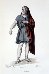 Die Figur des alten Horace in der Tragödie Horace - Vollständiges Theater: (Sammlung von Stücken von Corneille) Zeichnung von Geffroy, Gravur von L. Wolff - Hrsg. Laplace, Sanchez et Cie, Paris 1884