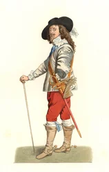 König Karl I. von England (1600-1649), basierend auf einem Porträt von 1635 von Antonie Van Dyck (1599-1641) - Lithographie nach einer Illustration von Edmond Lechevallier-Chevignard (1825-1902), aus „Costumes historiques des 16. Jahrhunderts“