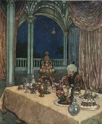 Die Schöne und das Biest: Belles Vater kommt am Schloss an und entdeckt einen Tisch voller Speisen, ca. 1910