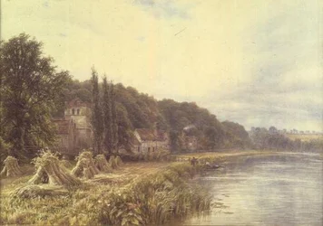 Dorf am Fluss mit angelnden Figuren