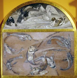 Diptychon: Fische und Enten in einem Teich