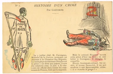 Postkarte, satirisch in Farben: Dreyfus-Affäre - Henry Colonel Illustration von Couturier